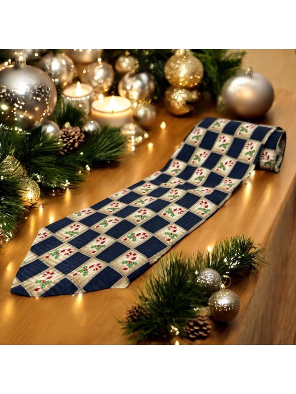 Robert Stock VTG 100% Silk Christmas Navy Blue Holly & Candy Cane Necktie Tie